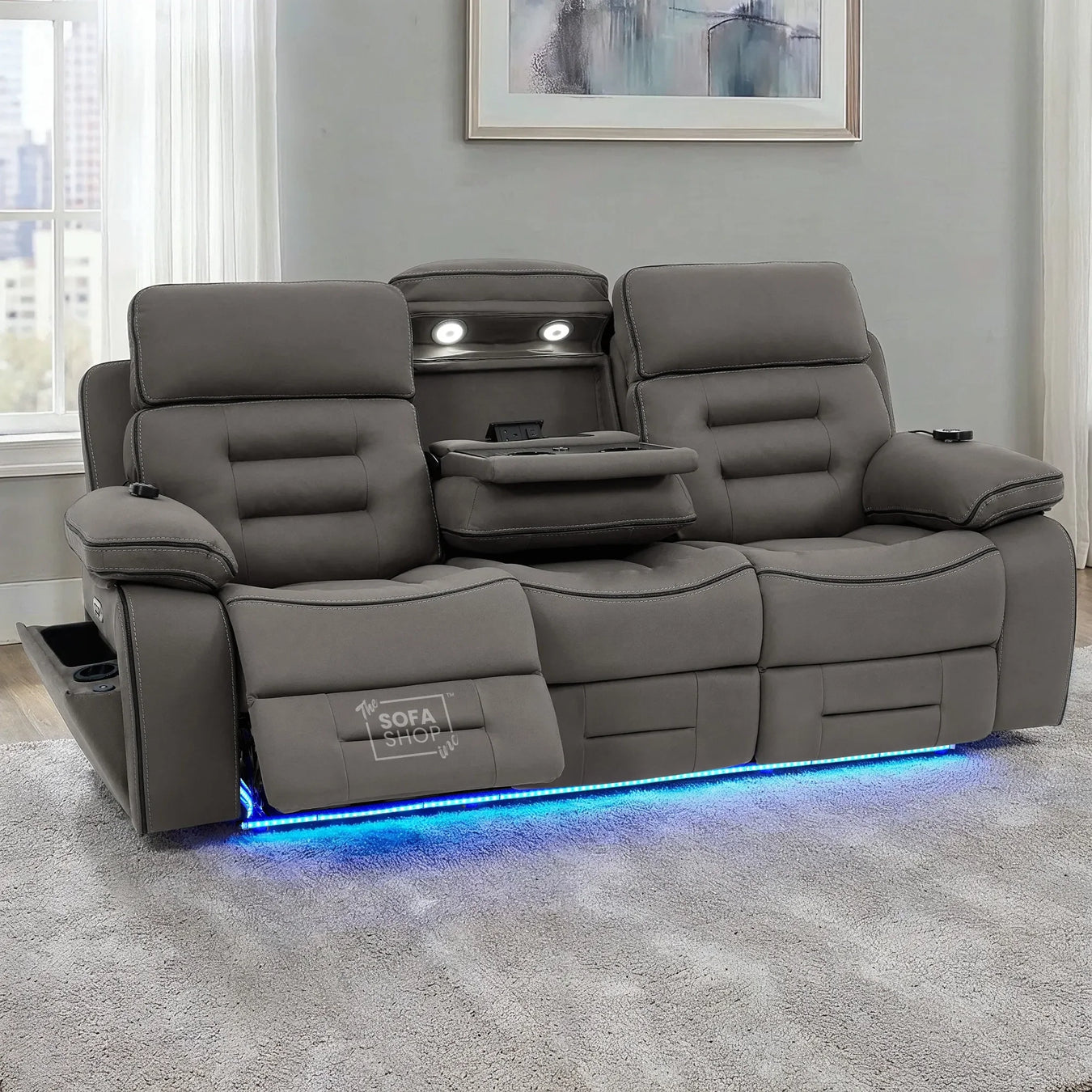 Grey fabric electric recliner sofa with massage and heat function The Sofa Shop