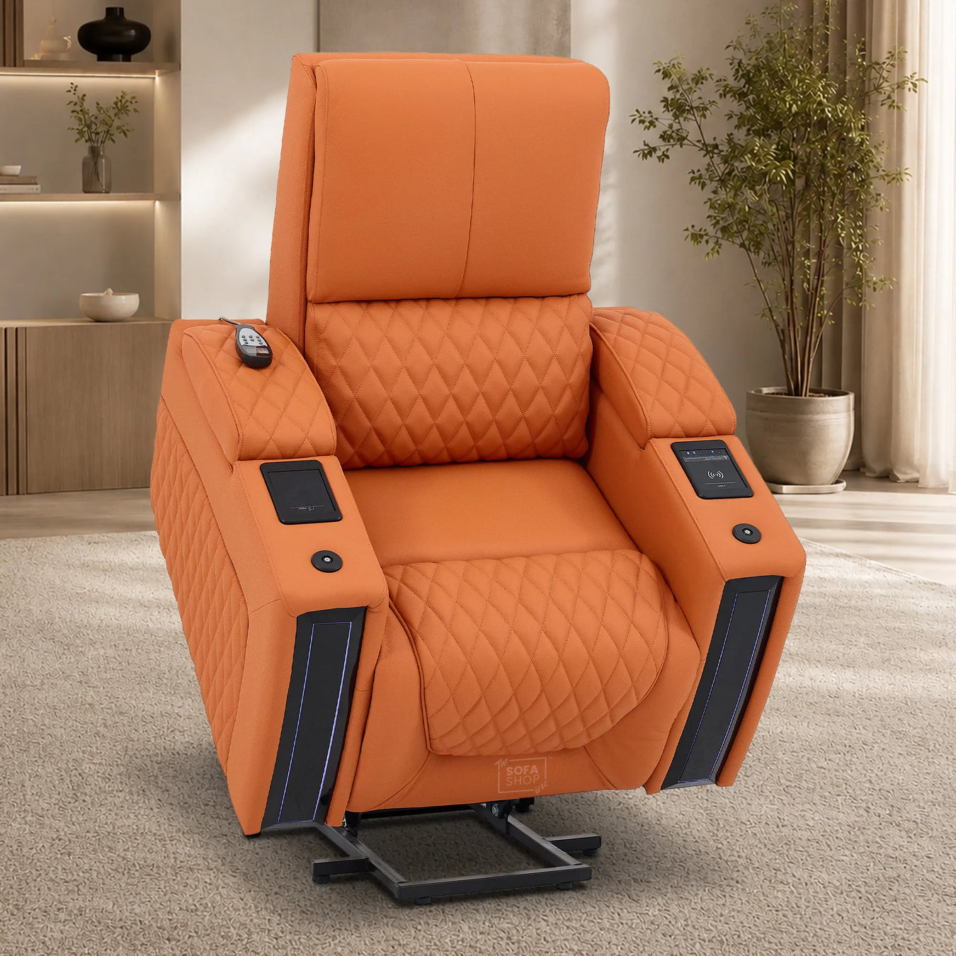Orange real leather smart electric dual lift riser cinema chairs with heated and cooling cup holders The Sofa Shop