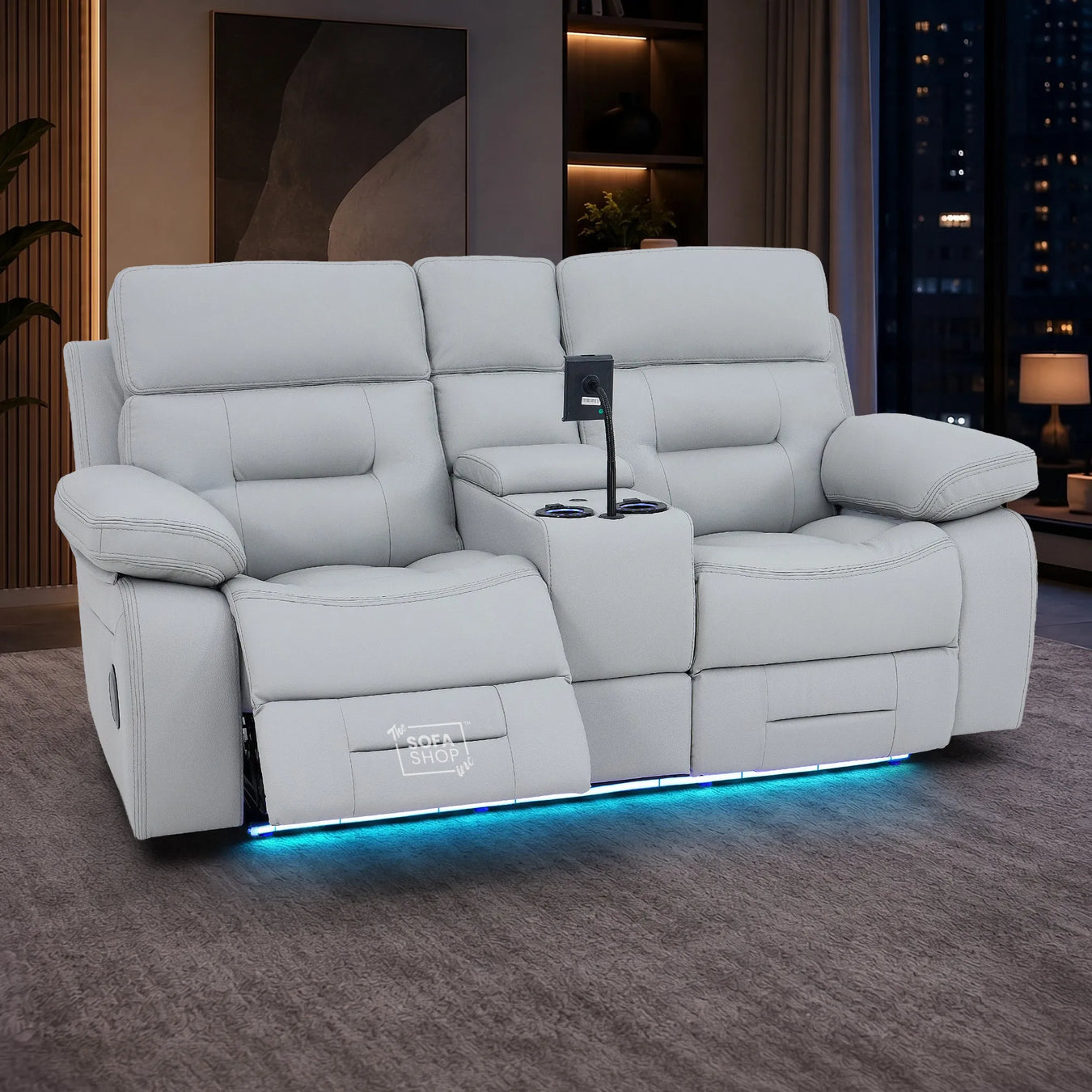 Light grey leather electric cinema sofa with Bluetooth speaker and multi-link The Sofa Shop
