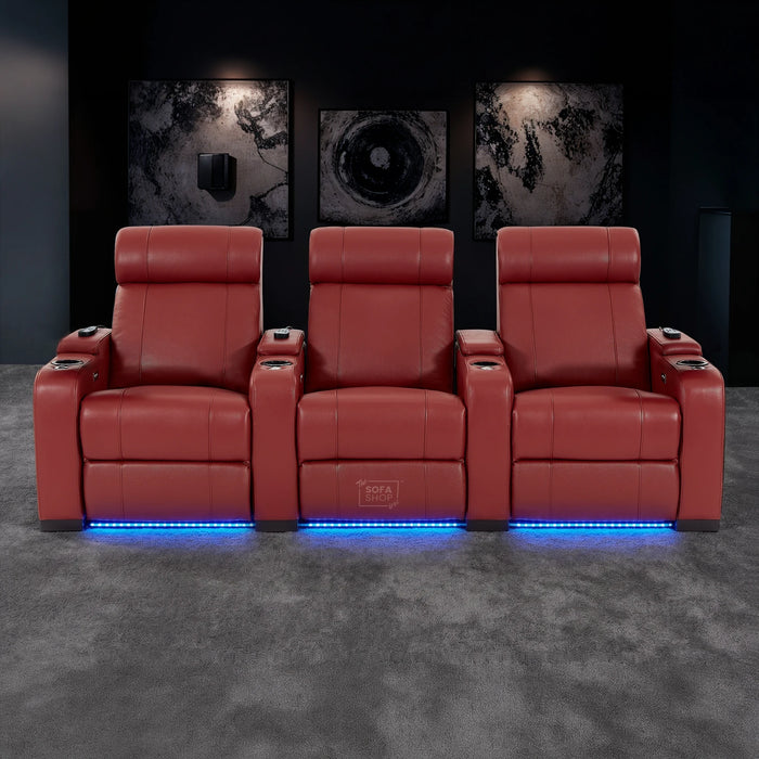 3 Seater Smart Tech Electric Recliner Cinema Sofa | Luxury Theatre Seating | Red Real Leather | Rimini
