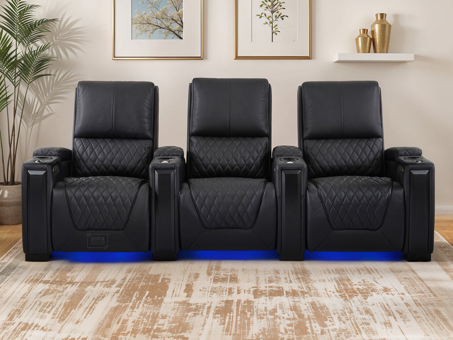 3 Seater Smart Tech Electric Recliner Cinema Sofa | Luxury Theatre Seating | Black Real Leather | Assisi