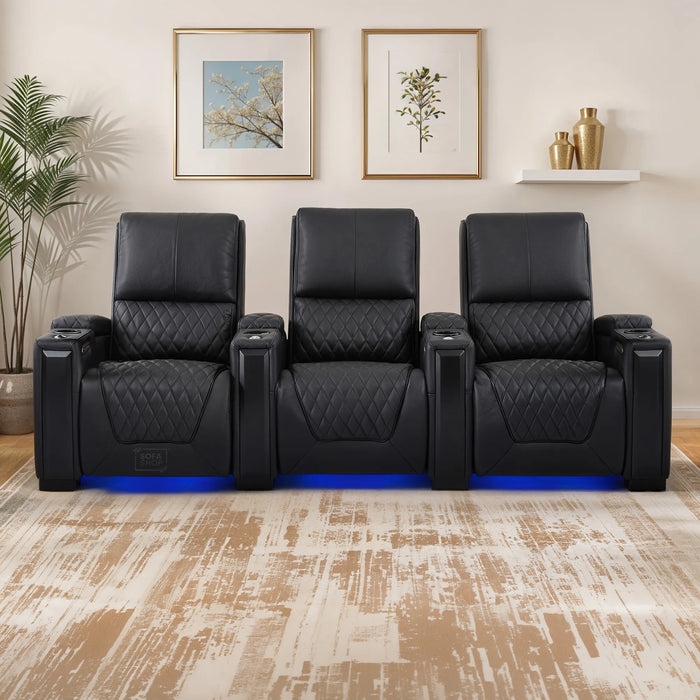 3 Seater Smart Tech Electric Recliner Cinema Sofa | Luxury Theatre Seating | Black Real Leather | Assisi