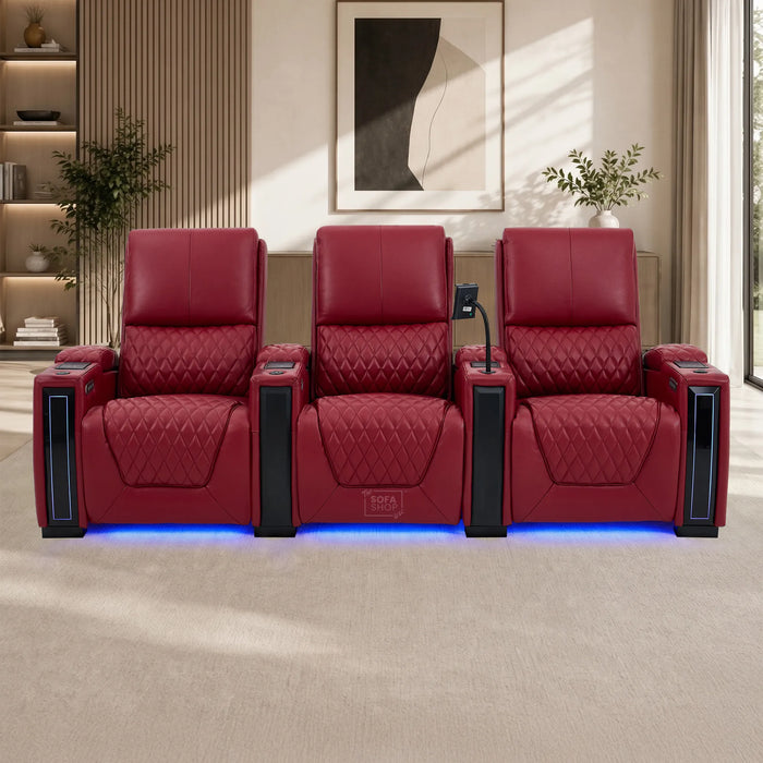 3 Seater Smart Tech Electric Recliner Cinema Sofa | Luxury Theatre Seating | Red Real Leather | Assisi
