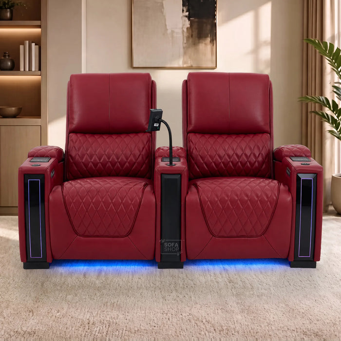 2 Seater Smart Tech Electric Recliner Cinema Sofa | Luxury Theatre Seating | Red Real Leather | Assisi