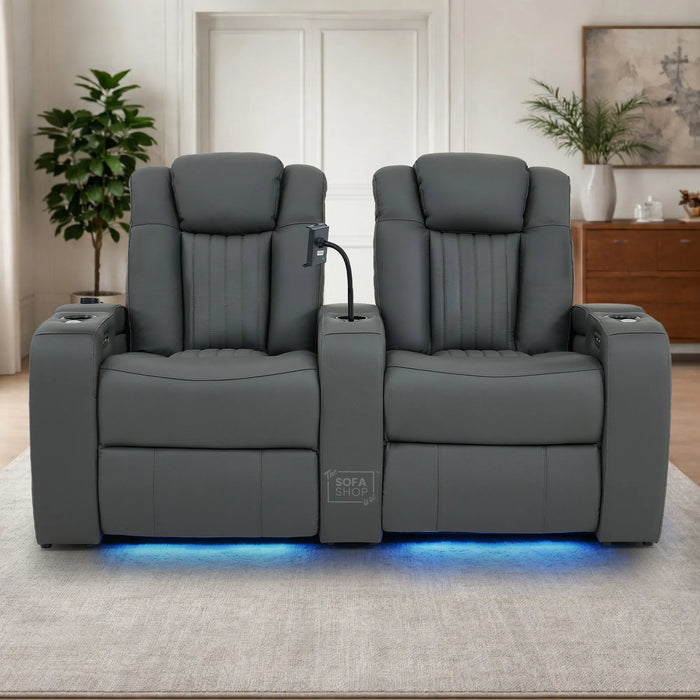 2 Seater Smart Tech Electric Recliner Cinema Sofa | Luxury Theatre Seating | Grey Real Leather | Capri