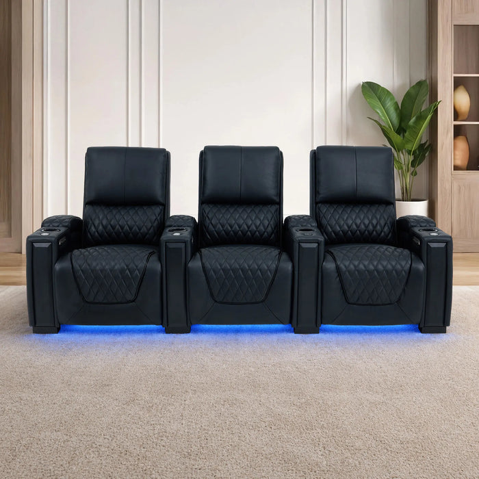 3 Seater Smart Tech Electric Recliner Cinema Sofa | Luxury Theatre Seating | Black Real Leather | Assisi