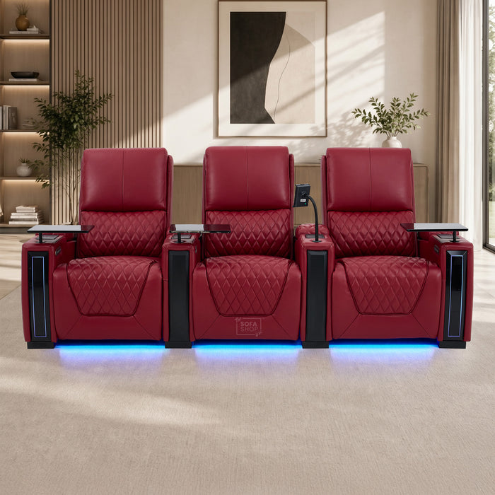 3 Seater Smart Tech Electric Recliner Cinema Sofa | Luxury Theatre Seating | Red Real Leather | Assisi