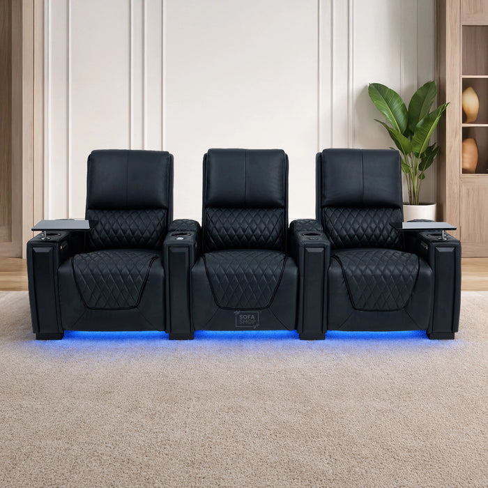 3 Seater Smart Tech Electric Recliner Cinema Sofa | Luxury Theatre Seating | Black Real Leather | Assisi
