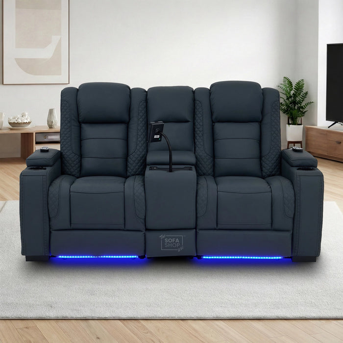 2 Seater Smart Tech Electric Recliner Cinema Sofa | Blue Real Leather | Napoli