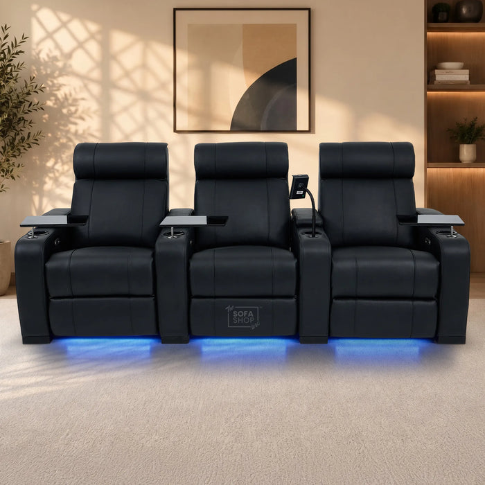 3 Seater Smart Tech Electric Recliner Cinema Sofa | Luxury Theatre Seating | Black Real Leather | Rimini