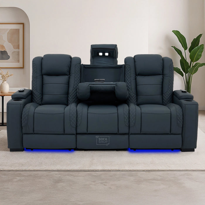 3 Seater Smart Tech Electric Recliner Cinema Sofa | Blue Real Leather | Napoli