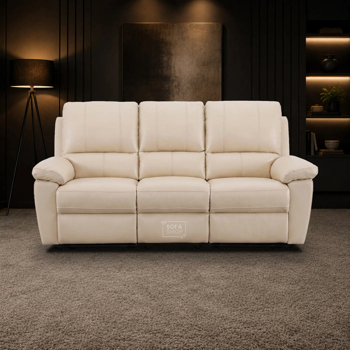 2 Piece Electric Recliner Sofa Set | Cream Real Leather Sofa Suite | Trento