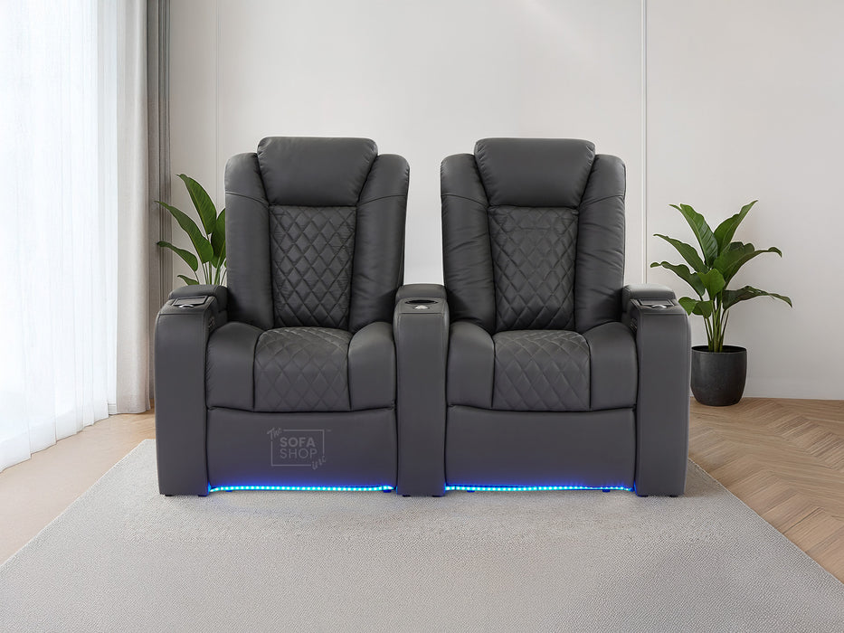 2 Seater Smart Tech Electric Recliner Cinema Sofa | Luxury Theatre Seating | Grey Real Leather| Milano