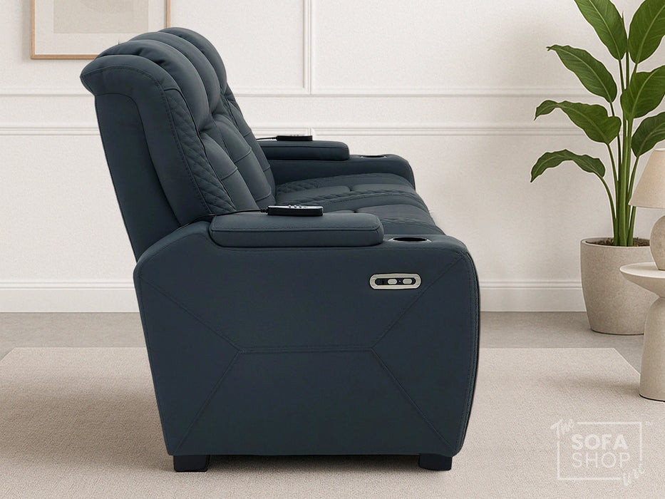 3 Seater Smart Tech Electric Recliner Cinema Sofa | Blue Real Leather | Napoli