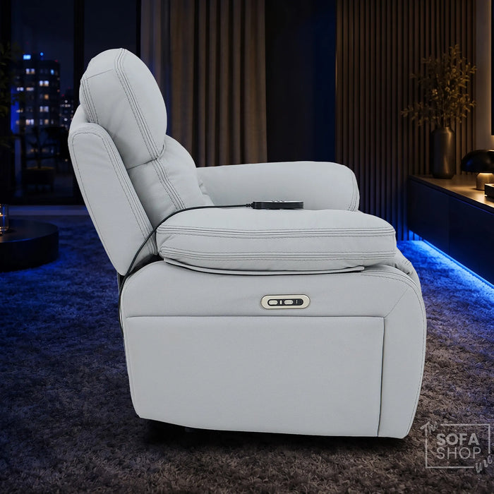 1 Seater Smart Tech Electric Recliner Cinema Chair | Light Grey Real Leather | Sicily
