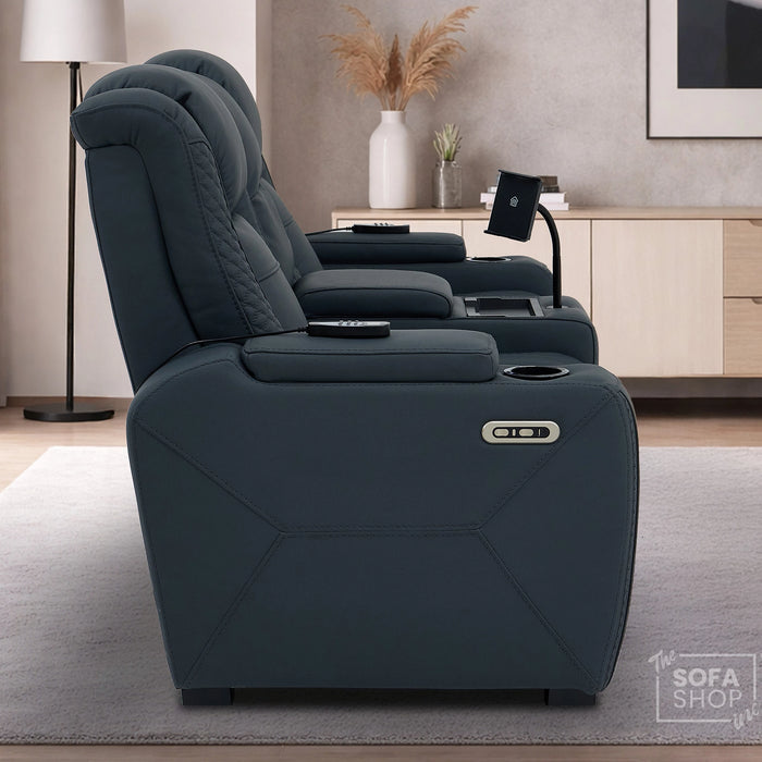 2 Seater Smart Tech Electric Recliner Cinema Sofa | Blue Real Leather | Napoli
