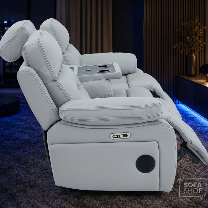 3 Seater Smart Tech Electric Recliner Cinema Sofa | Light Grey Real Leather | Sicily