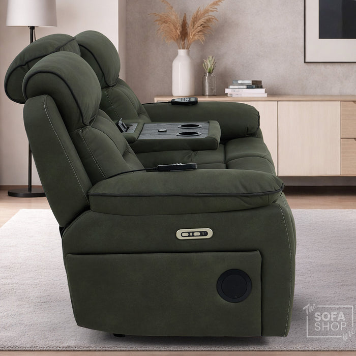 2 Piece Smart Tech Electric Recliner Cinema Sofa Set | Green Fabric Sofa Suite | Florence