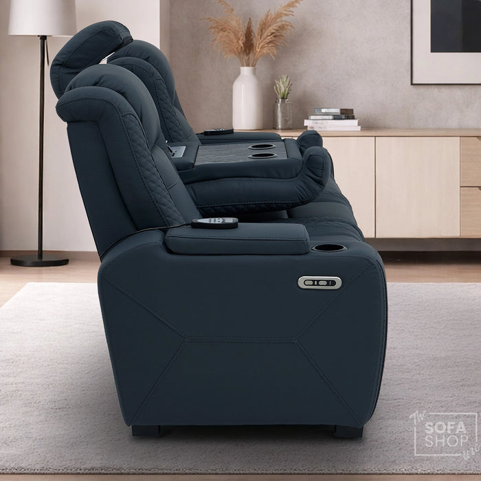 3 Seater Smart Tech Electric Recliner Cinema Sofa | Blue Real Leather | Napoli