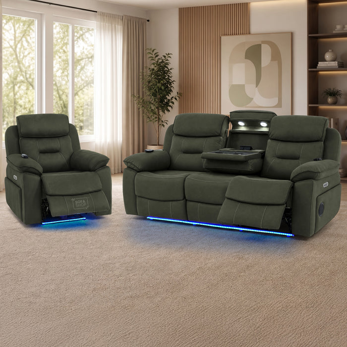 2 Piece Smart Tech Electric Recliner Cinema Sofa Set | Green Fabric Sofa Suite | Florence