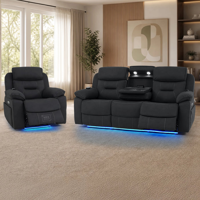 2 Piece Smart Tech Electric Recliner Cinema Sofa Set | Charcoal Grey Fabric Sofa Suite | Florence