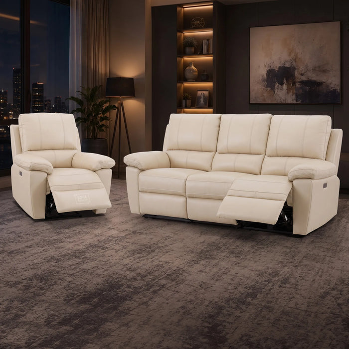 2 Piece Electric Recliner Sofa Set | Cream Real Leather Sofa Suite | Trento