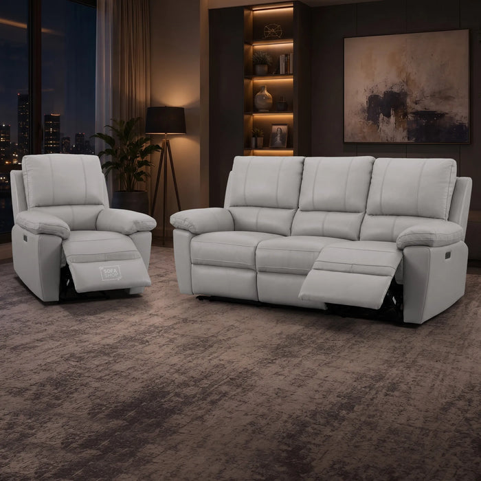 2 Piece Electric Recliner Sofa Set | Grey Real Leather Sofa Suite | Trento