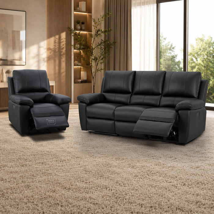 2 Piece Electric Recliner Sofa Set | Black Real Leather Sofa Suite | Trento