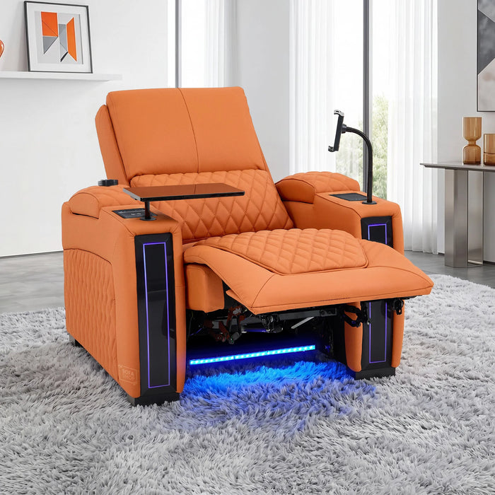 1 Seater Smart Tech Electric Recliner Cinema Chair | Luxury Theatre Seating | Orange Real Leather | Assisi