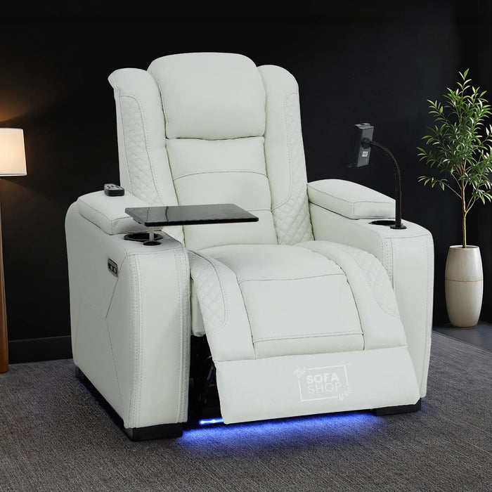1 Seater White Real Leather Smart Tech Electric Recliner Cinema Chair | Luxury Theatre Seating | Napoli