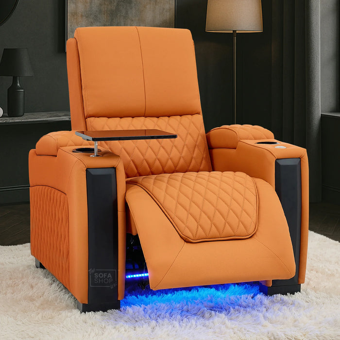1 Seater Smart Tech Electric Recliner Cinema Chair | Luxury Theatre Seating | Orange Real Leather | Assisi