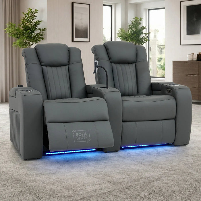 2 Seater Smart Tech Electric Recliner Cinema Sofa | Luxury Theatre Seating | Grey Real Leather | Capri