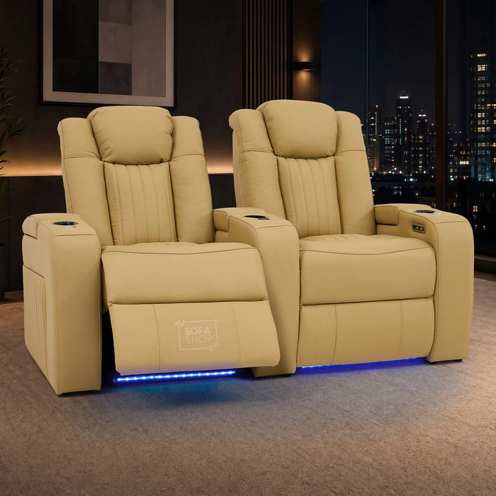 2 Seater Smart Tech Electric Recliner Cinema Sofa | Luxury Theatre Seating | Tan Real Leather | Capri