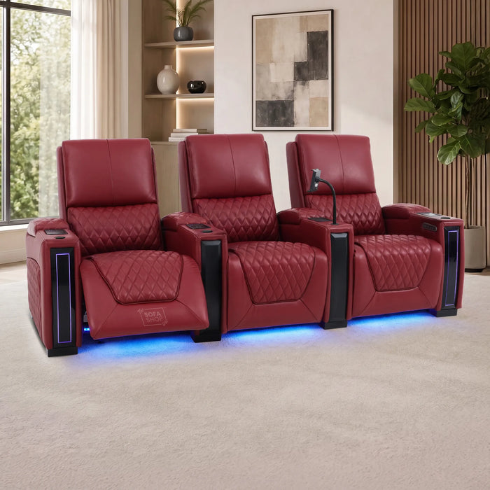 3 Seater Smart Tech Electric Recliner Cinema Sofa | Luxury Theatre Seating | Red Real Leather | Assisi