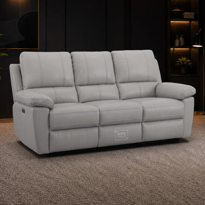 3 Seater Electric Recliner Sofa | Grey Real Leather | Trento