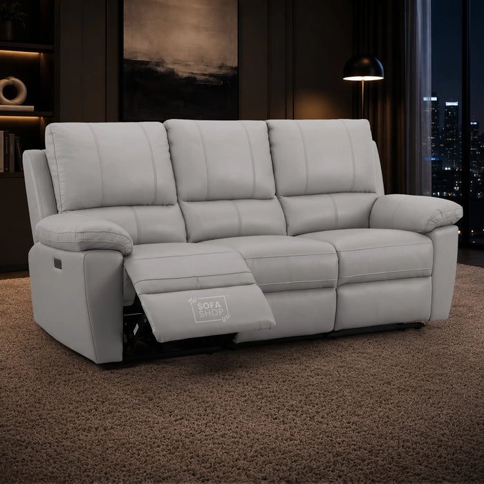 2 Piece Electric Recliner Sofa Set | Grey Real Leather Sofa Suite | Trento