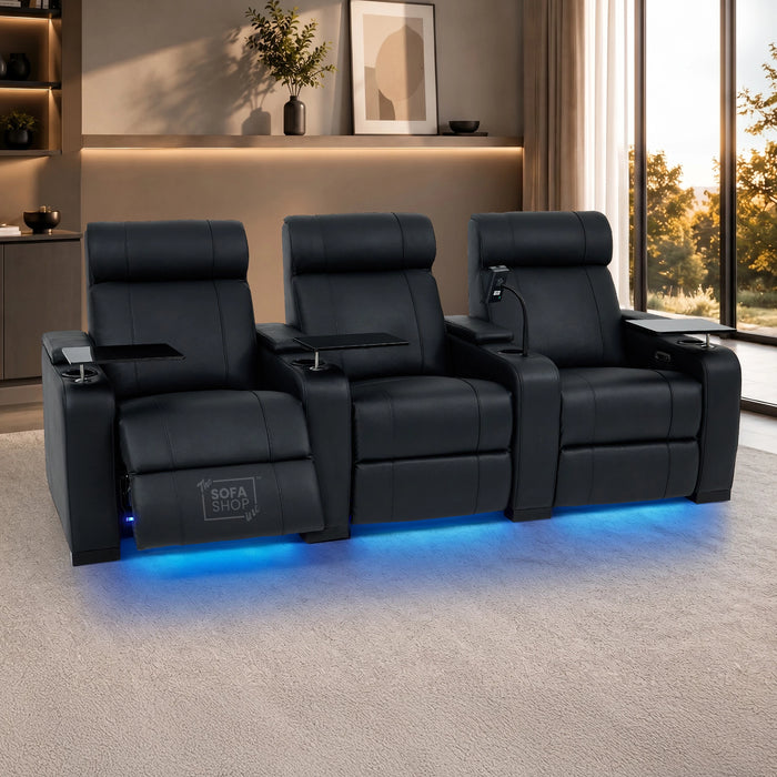 3 Seater Smart Tech Electric Recliner Cinema Sofa | Luxury Theatre Seating | Black Real Leather | Rimini