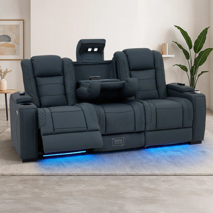 3 Seater Smart Tech Electric Recliner Cinema Sofa | Blue Real Leather | Napoli