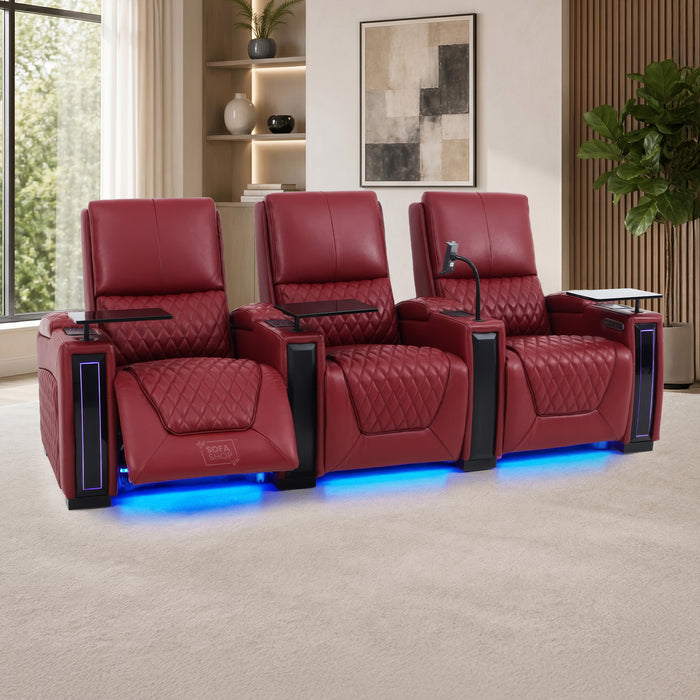 3 Seater Smart Tech Electric Recliner Cinema Sofa | Luxury Theatre Seating | Red Real Leather | Assisi