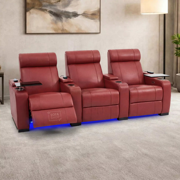 3 Seater Smart Tech Electric Recliner Cinema Sofa | Luxury Theatre Seating | Red Real Leather | Rimini