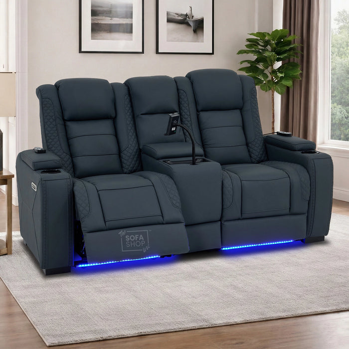 2 Seater Smart Tech Electric Recliner Cinema Sofa | Blue Real Leather | Napoli