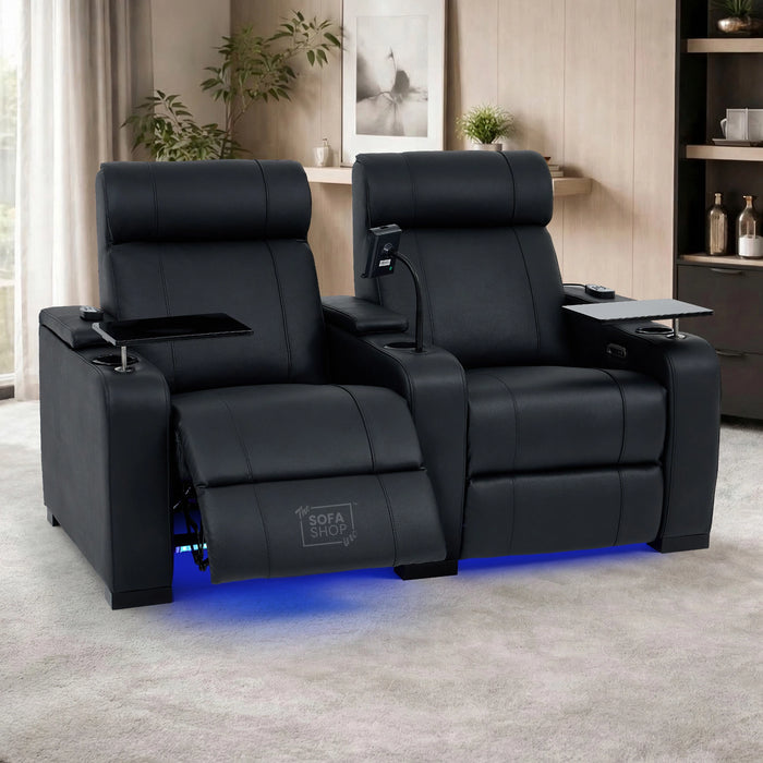 2 Seater Smart Tech Electric Recliner Cinema Sofa | Luxury Theatre Seating | Black Real Leather | Rimini