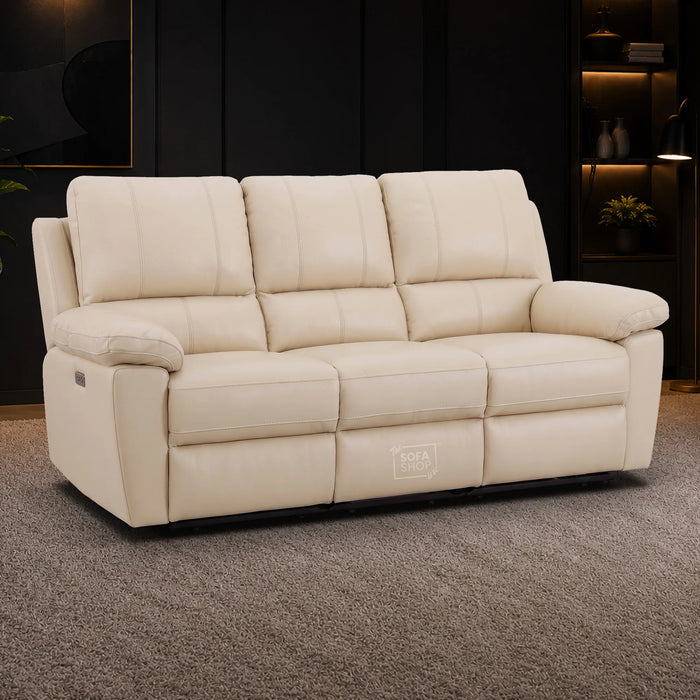 2 Piece Electric Recliner Sofa Set | Cream Real Leather Sofa Suite | Trento