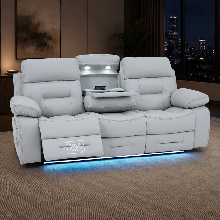 3 Seater Smart Tech Electric Recliner Cinema Sofa | Light Grey Real Leather | Sicily