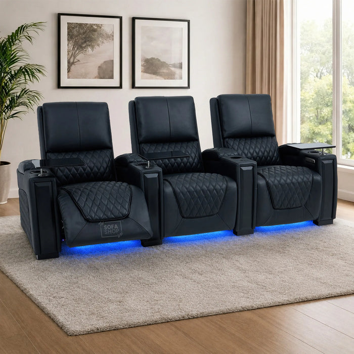3 Seater Smart Tech Electric Recliner Cinema Sofa | Luxury Theatre Seating | Black Real Leather | Assisi