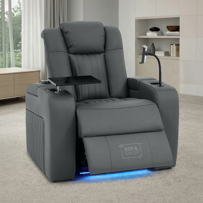 1 Seater Smart Tech Electric Recliner Cinema Chair | Luxury Theatre Seating | Grey Real Leather | Capri