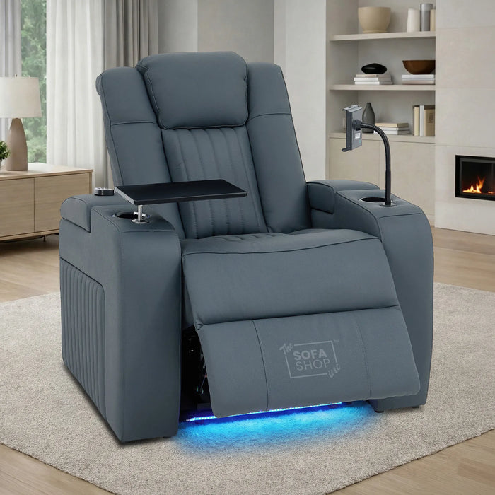 1 Seater Smart Tech Electric Recliner Cinema Chair | Luxury Theatre Seating | Blue Real Leather | Capri
