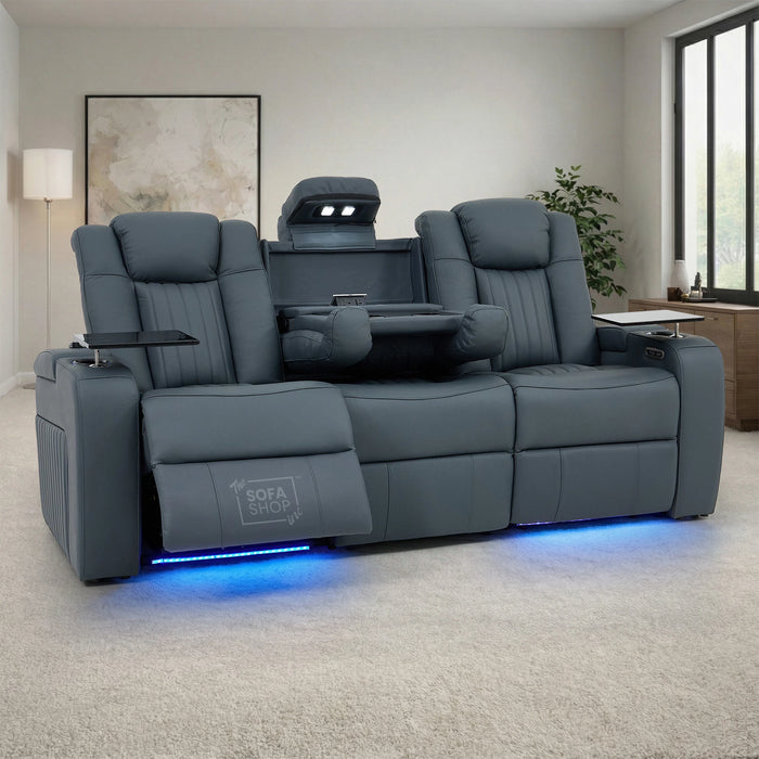 3 Seater Smart Tech Electric Recliner Cinema Sofa | Blue Real Leather | Capri