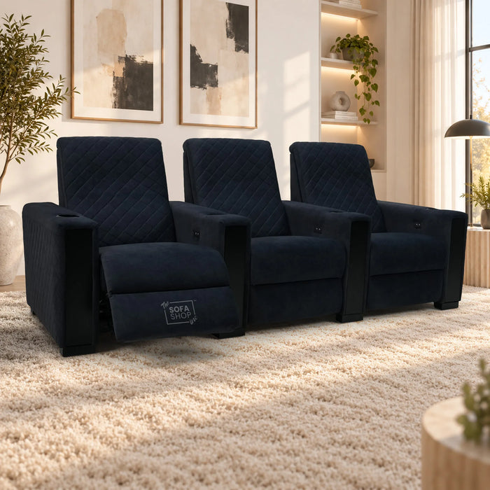 3 Seater Smart Tech Electric Recliner Cinema Sofa | Luxury Theatre Seating | Blue Real Leather | Solero