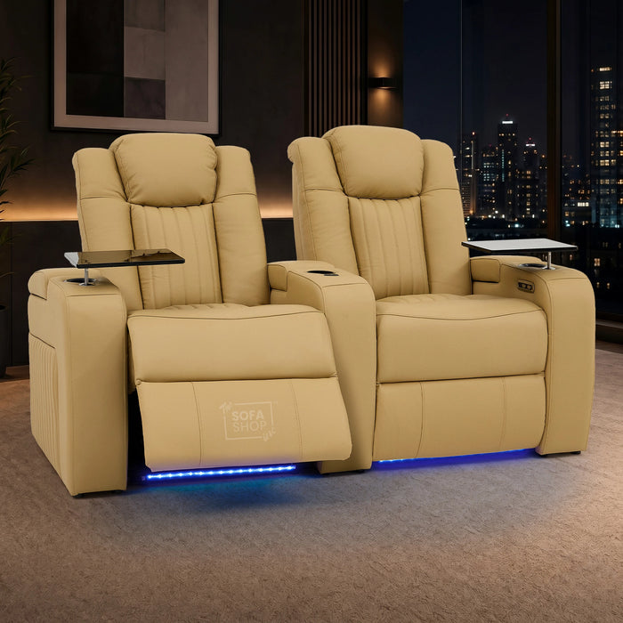 2 Seater Smart Tech Electric Recliner Cinema Sofa | Luxury Theatre Seating | Tan Real Leather | Capri